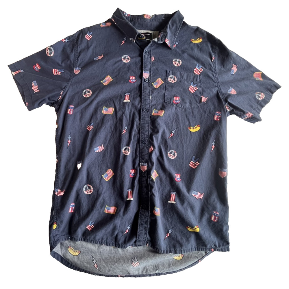 Quicksilver Men's Merica Patch Button Up Shirt USA Patriotic Flag Size Large